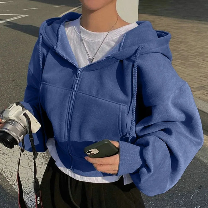 Korean Fashion Hood Shirt Women Zipper Cropped Jackets Streetwear Harajuku Long Sleeve Sweatshirt Solid Casual Female Hoodies