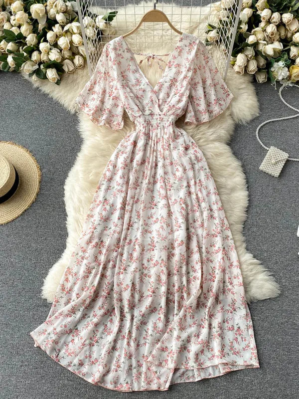 2025 Women Summer Dress Short Flare Sleeve V-neck Chiffon Maxi Dress Boho Style Floral Print High Waist A-line Beach Long Dress