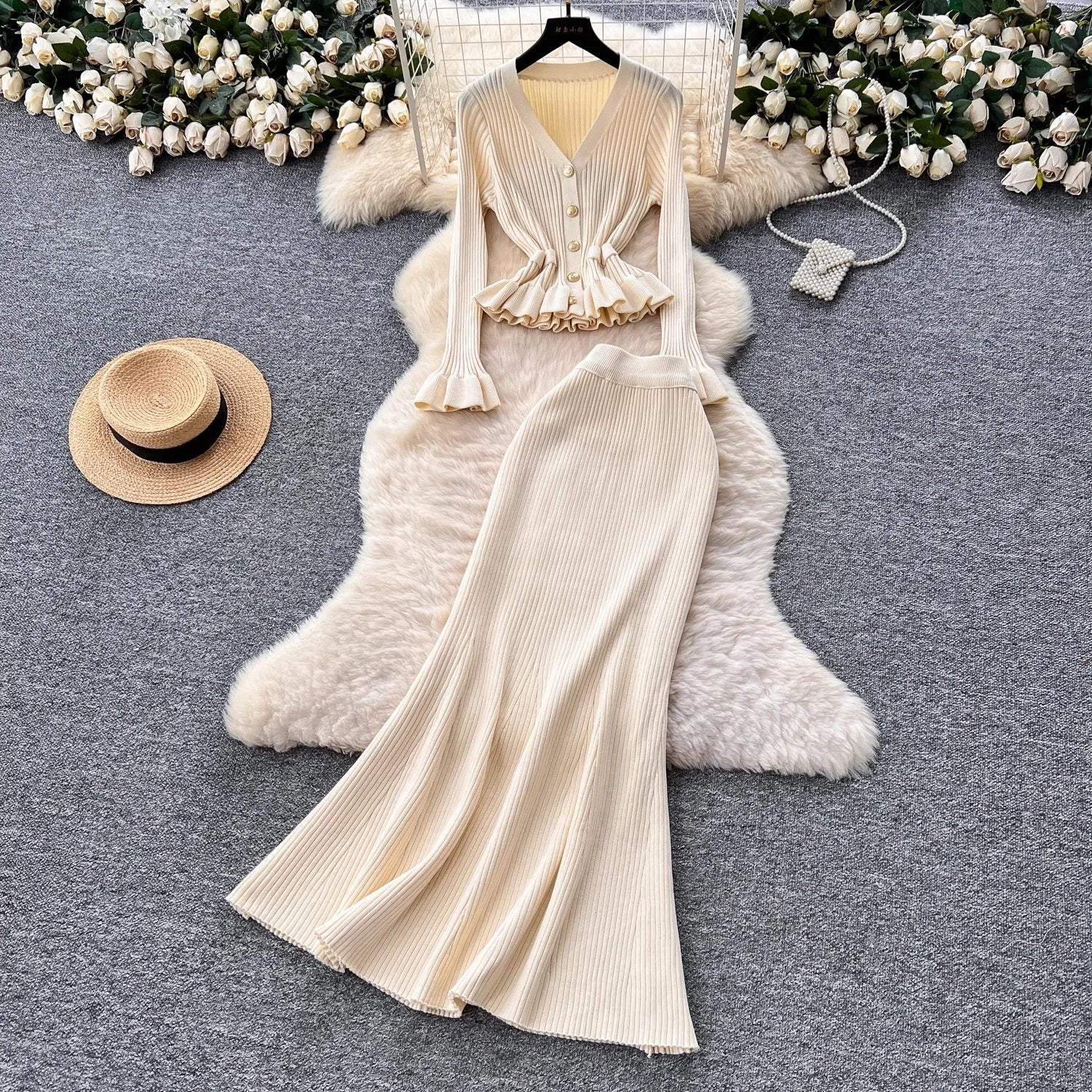 YuooMuoo Brand Fashion Two Piece Knitted Suits for Women Autumn Winter Lady Elegant Christmas Red Cardigans Tops and Long Skirts