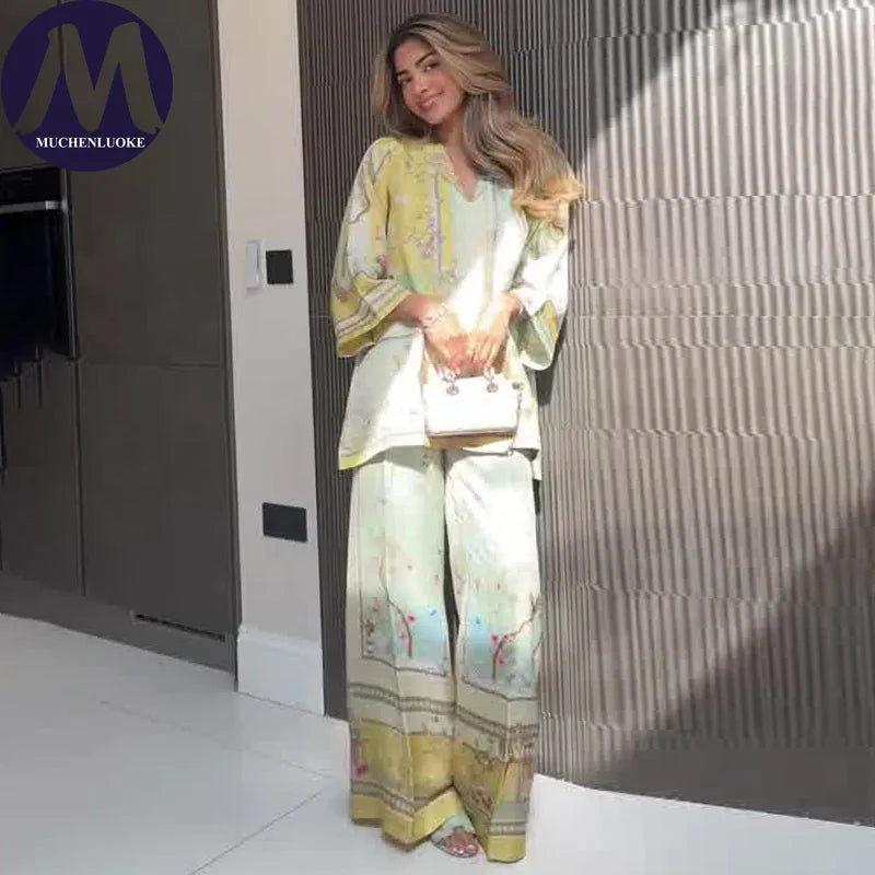 Women's Two Pieces Set Summer New Elegant Printed Long Sleeves V Neck Top Suits Fashionable Casual Loose Wide Leg Pants Sets