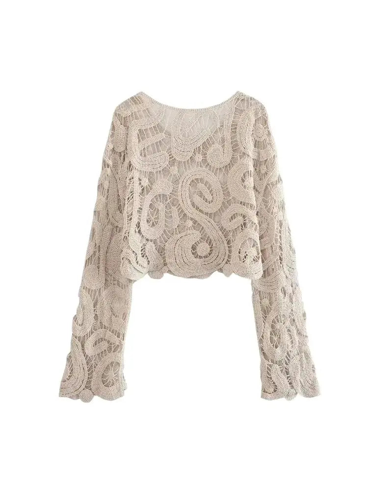 Women Fashion Cropped Semi-sheer Crochet Knit Sweater Sexy O Neck Long Sleeve Female Pullovers Chic Tops