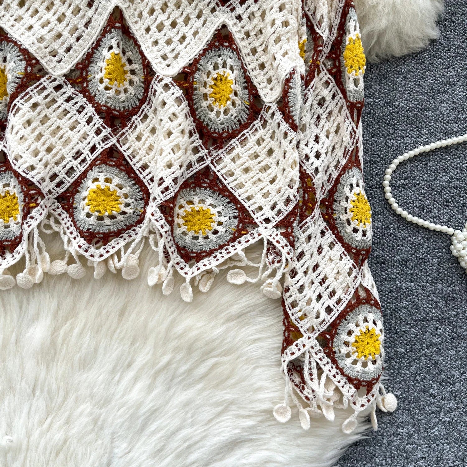 Granny Square Crochet Knit Top for Women Long Sleeve Sheer Open Knit Pullover Sweater Teen-girl Boho Beach Cover Up Outfit