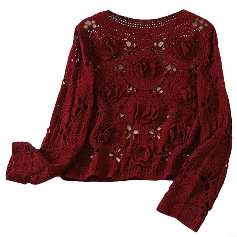 G5GC Crochet Hollowed Out Knit Sweater Crop Top for Women Soft Cotton Fabric Elegant 3D Flower Long Sleeve Pullover Coverup