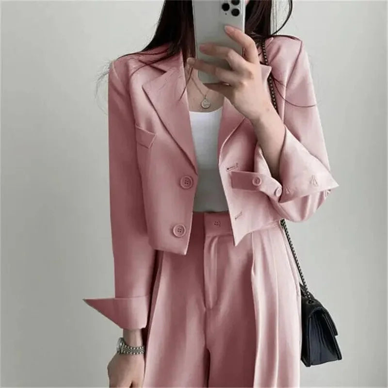 Summer New Short Top Jacket Blazer Wide Leg Pants Two-piece Set Elegant Women's Office Casual Set Outfits