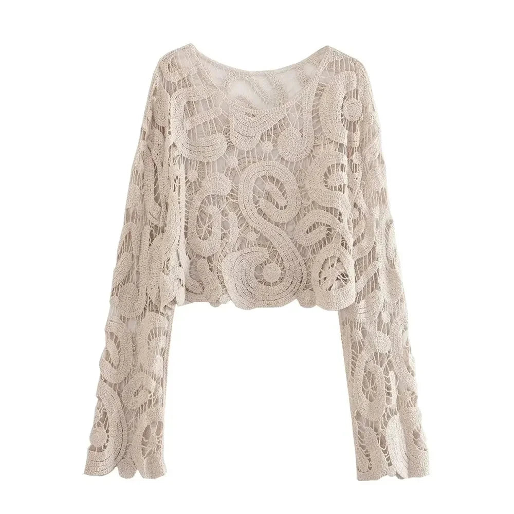 Women Fashion Cropped Semi-sheer Crochet Knit Sweater Sexy O Neck Long Sleeve Female Pullovers Chic Tops
