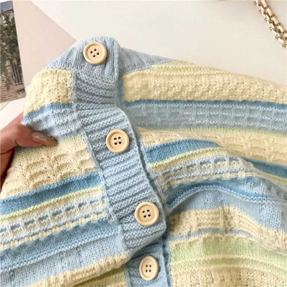 Spring Long Sleeve Stripe Crochet Sweaters Autumn Spring Korean Sweet Knitwear Ladies Top Loose Cardigans Women Y2K Streetwear