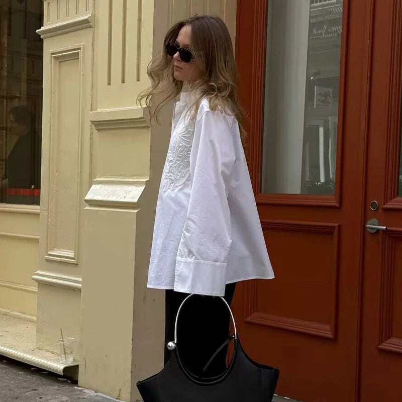 MUJER White Women's Shirt Embroidery Button up Shirts for Women Summer Casual Shirts Woman Long Sleeve Shirts and Blouses Woman