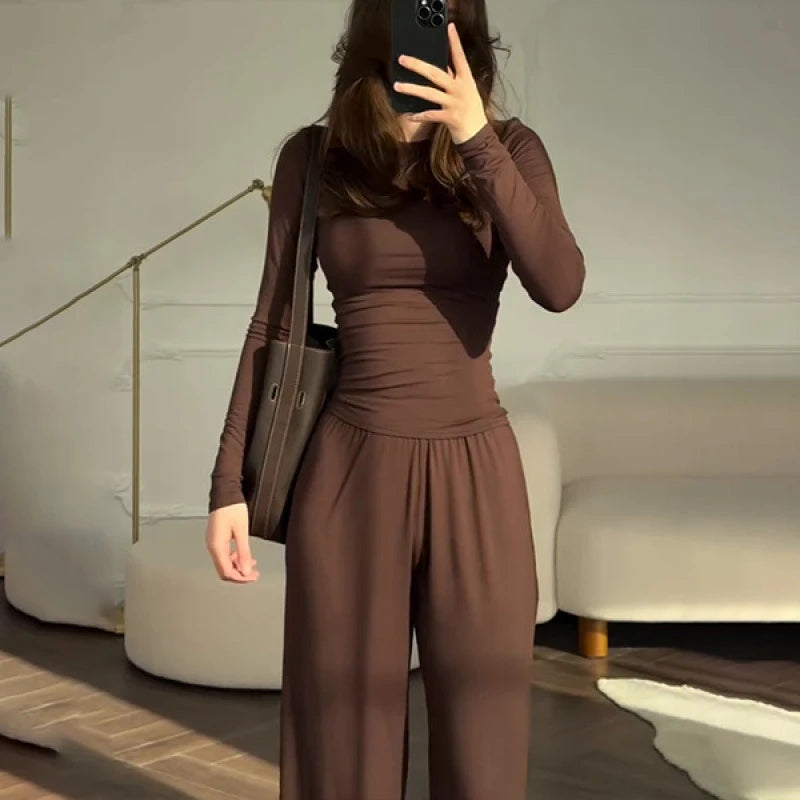 Solid Top Trousers Women Set Slim Long Sleeve O-neck Tops Pleated Straight Pocket Pants 2026 Spring Summer Vacation Lady Outfit