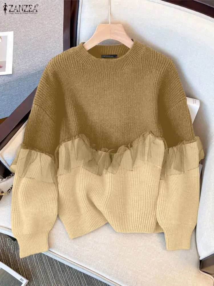 ZANZEA Korean Fashion Women's Sweatshirts Autumn Cozy Drop-Shoulder Sleeve Mesh Patchwork Contrast-Color Pullovers Woman Clothes