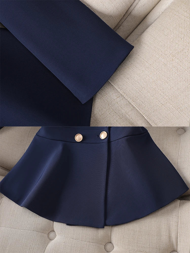 Blue White Elegant Ladies Pant Suit Women Slim Ruffle Jacket Blazer And Trouser Female Work Wear Formal 2 Piece Set For Autumn