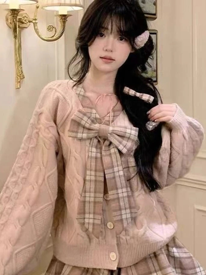 Korean College Style 2 Piece Set Sweet Bowknot Pink Sweater + Plaid Skirt Women  2025 New Autumn Winter Elegant Fashion Outfits