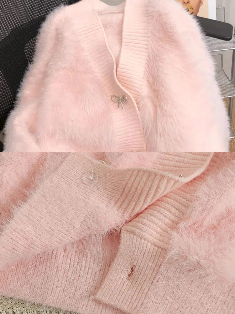 Korean Fashion Imitation Mink Sweater Cardigan Women Casual Sweet Knitwears Cropped Tops Coats Chic Design Long Sleeve Abrigos