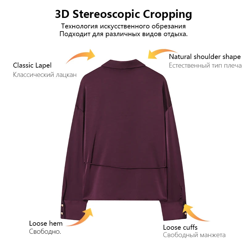 Women's elegant long-sleeve shirt with drawstring waist, available in burgundy and beige, creating a stylish office and casual l