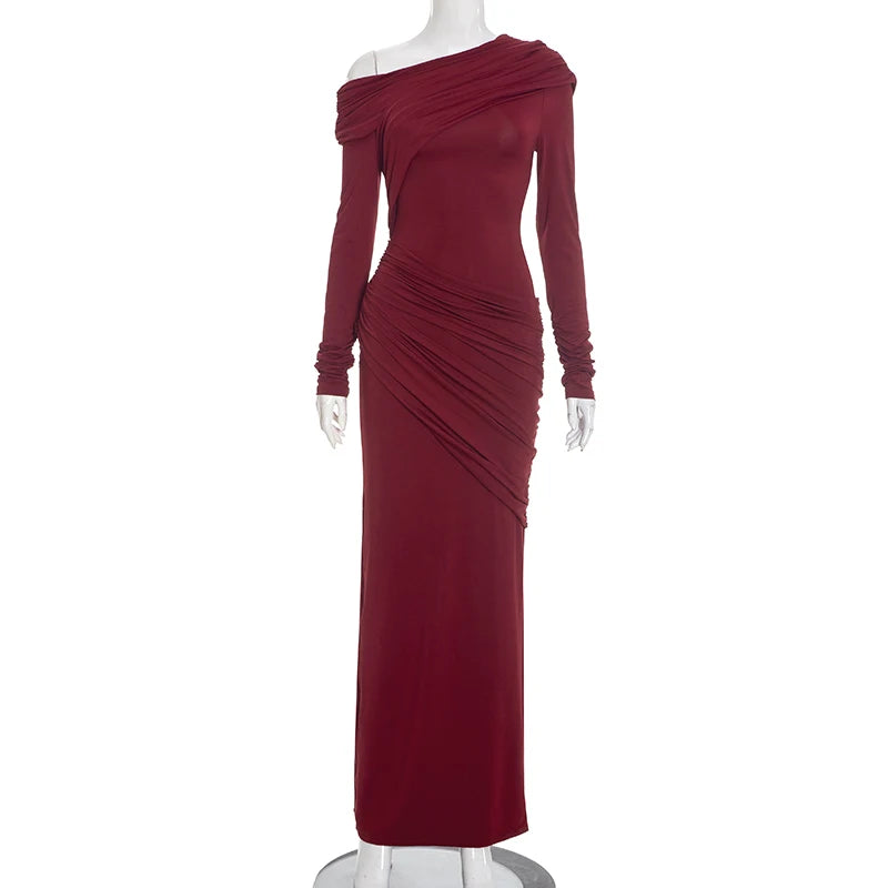 CUTENOVA Women'S Fall/Winter New Arrival Solid Color Elegant Fitted Asymmetrical Neckline Pleated Long Dress Chic Party Dress