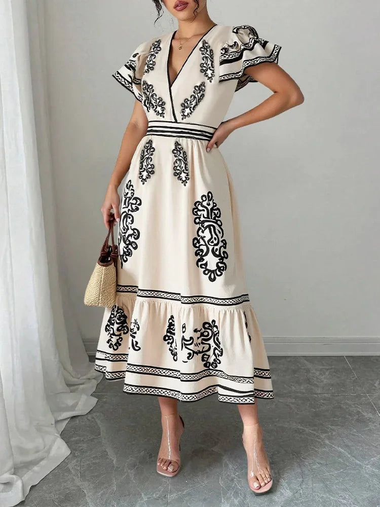 Rafiah Women's Even Dress 2025 Summer Modest Fashion Graphic Printing Short Petal Sleeve V-Neck Midi Draped Long Dress