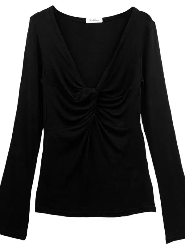 2025 Women Sexy T-shirt Long Sleeve Shirring V-neck Lady Slim Tshirt Summer Thin Solid Color Female Crop Top Tees for Woman