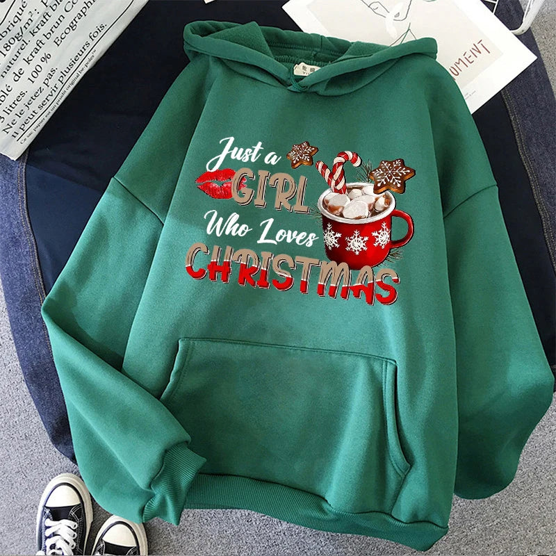 Just A Who Loves Christmas Graphic Hoodies Cozy Holiday Design with Hot Beverage and Snowflakes Sweatshirts Unisex Hoody Clothes