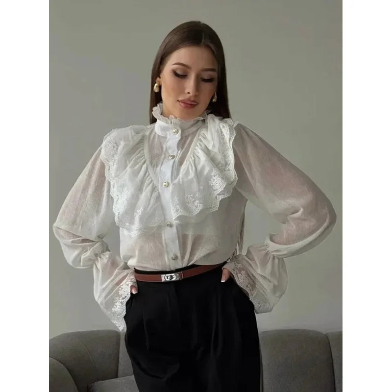 Fashion Korean White Blouse Women Blusas Stand Neck Chiffon Shirts Long Sleeve Ruffles Lace Blouses Vintage Elegant Femme Tops