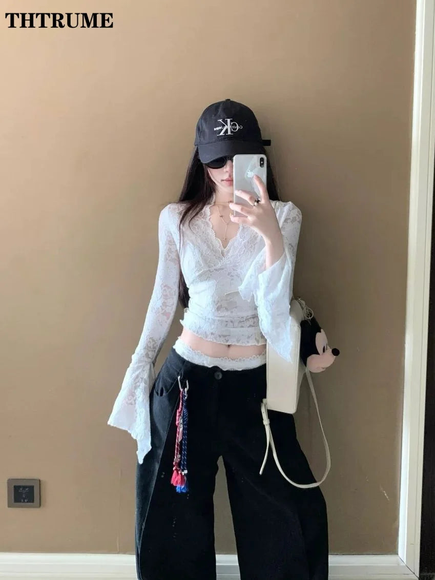 Sexy V-Neck Sheer T-Shirts Fashion Women Flare Long Sleeve Spring Lace Slim Pullovers Tops Casual Evening Party Club Chic Tees