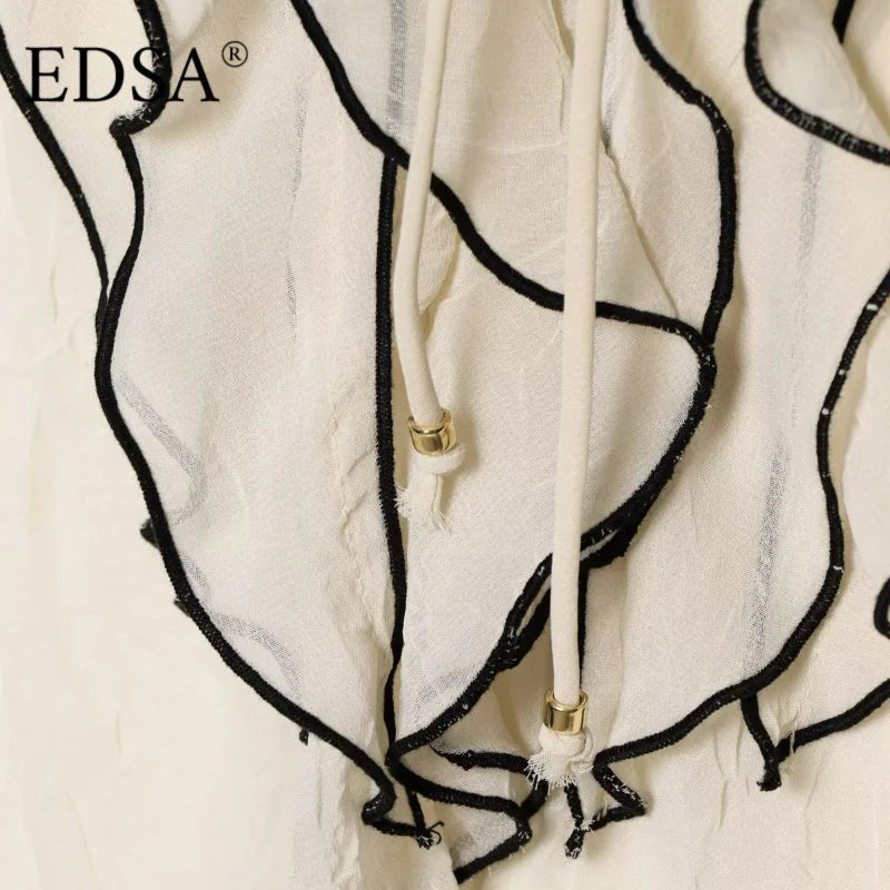 EDSA Women Vintage Semi-sheer Blouse with Ruffles Trims with Drawstring V-neck Long Sleeves Elasticated Cuffs Summer Shirt Tops