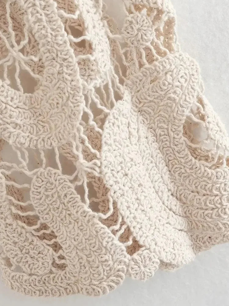 Women Fashion Cropped Semi-sheer Crochet Knit Sweater Sexy O Neck Long Sleeve Female Pullovers Chic Tops