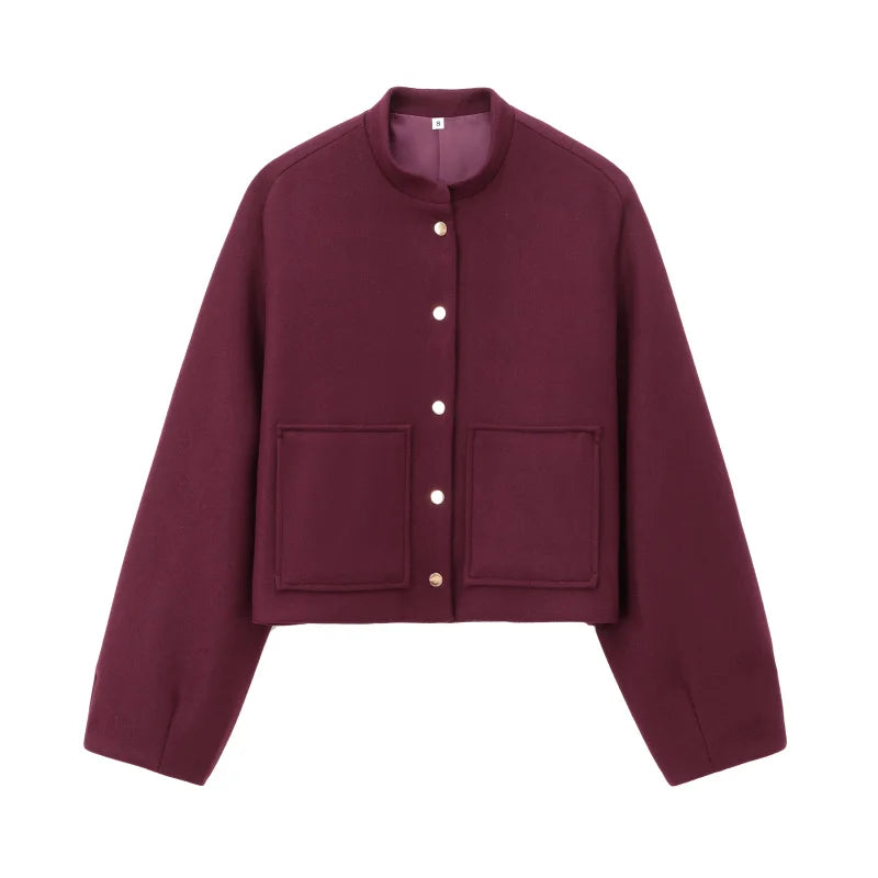 Short bomber jacket with patch pockets ETJ 2025 - New Product - 3D Cut and Loose Fit Long Sleeve Short Coat for Women