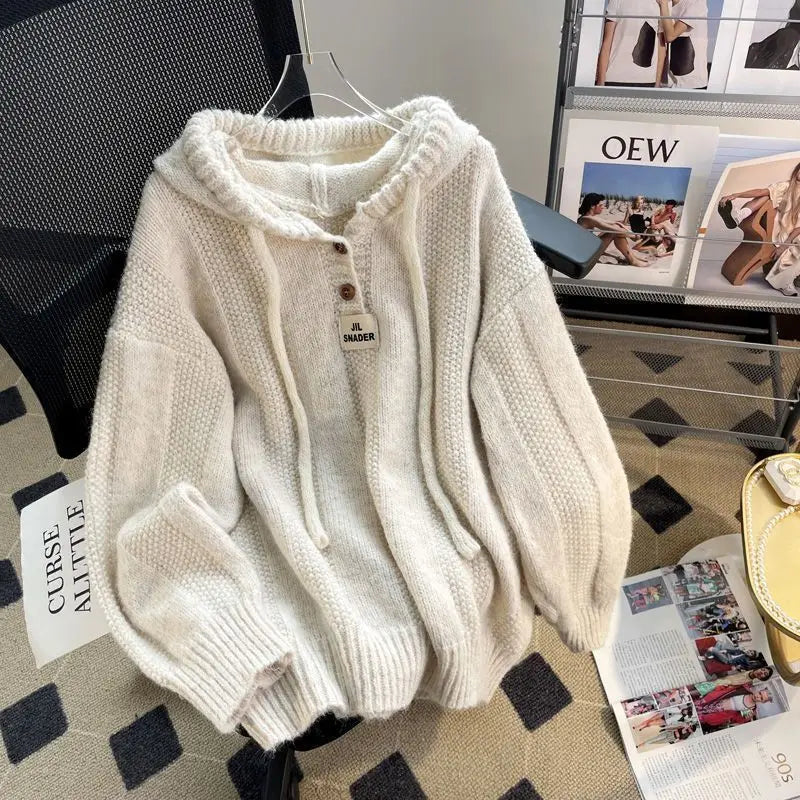 Korean Loose and Lazy Style Hooded Sweater for Women's Autumn and Winter 2024 New Soft and Thick Drawstring Knitted Sweatshirt T