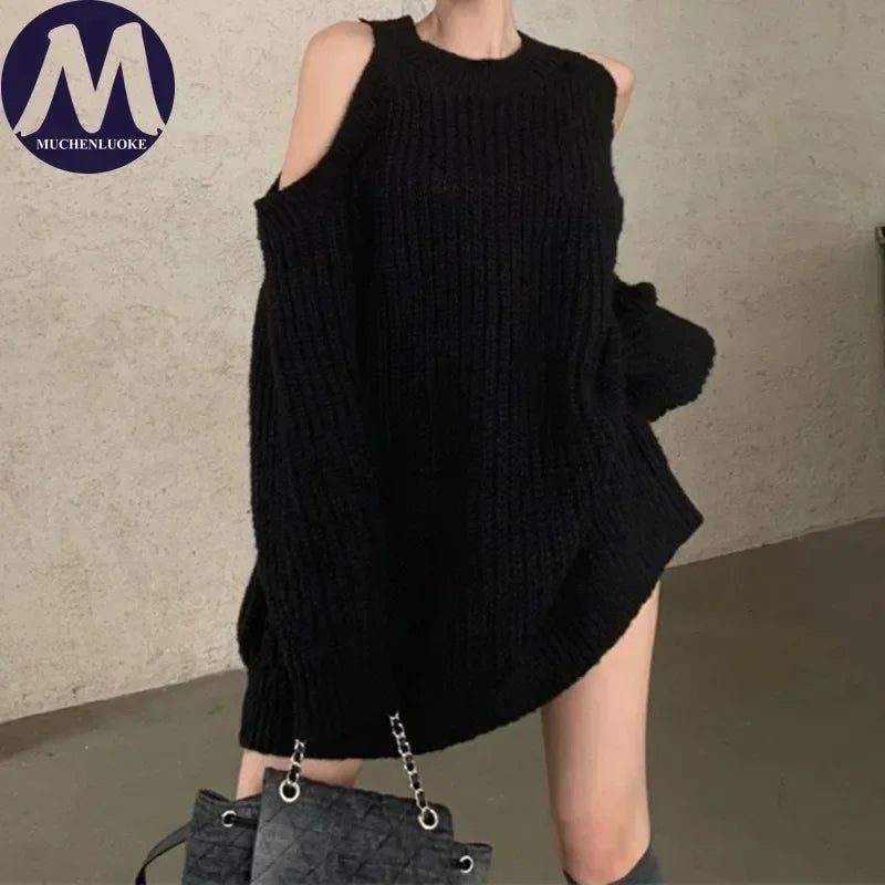 Women's Korean Fashion Knitted Sweater Autumn Winter High Collar Off-Shoulder Casual Loose Pullover Half Hanging Neck Design