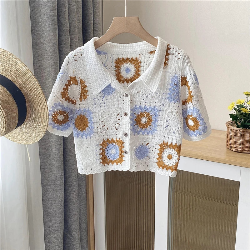Granny Square Collared Button-up Crochet Top Short Sleeve Sheer Open-knit Crop Cardigan Women Summer Boho Vacation Outfit