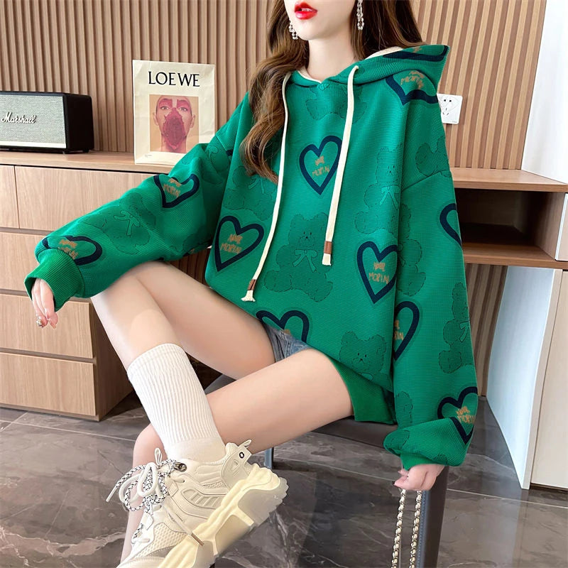 Cute Women's Hooded Sweatshirts Baggy Female Top Loose Hoodies Apricot Spring and Autumn Kawaii Graphic Korean Fashion Harajuku