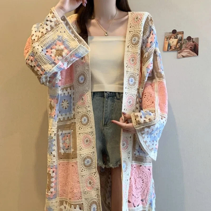 Bohemian Lace Hollow out Loose Knitwear Outerwear V-Neck Long Open Cardigan Dopamine-style Summer Thin Sweater Vest