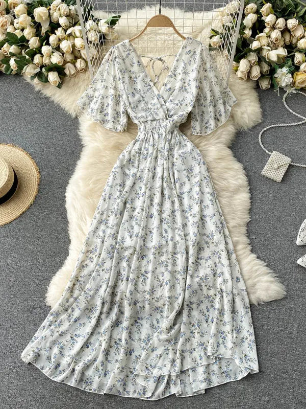 2025 Women Summer Dress Short Flare Sleeve V-neck Chiffon Maxi Dress Boho Style Floral Print High Waist A-line Beach Long Dress