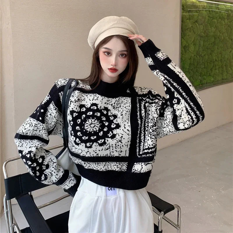 Women's Sweater Graphic Short Knit Tops for Woman Crop Pullovers Round O Neck Long Sleeve Crochet Korean Style Winter 2025 Sale