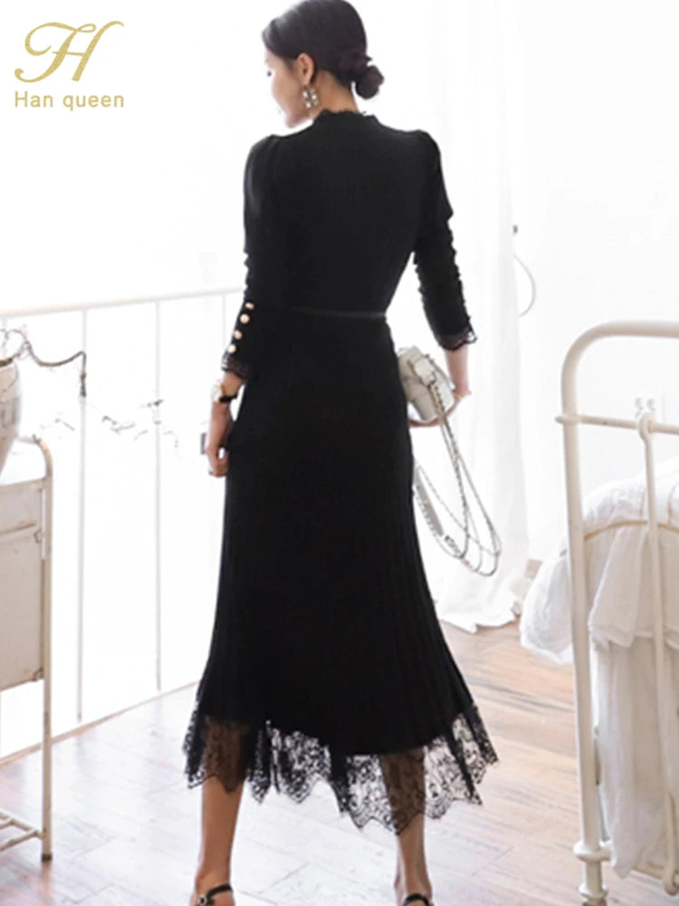 H Han Queen Korean 2 Pieces Set Women's Knitted Bottoming Vestidos Stitching Lace Black Single-breasted Mermaid Lady Skirt Suit