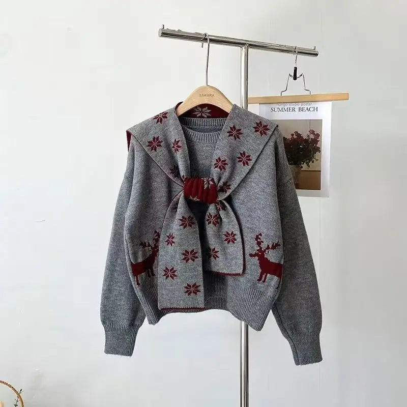 Korean Version of New Red Sweater Christmas Atmosphere Jacquard Long-sleeved Knitted Loose Fashionable Sweater Top