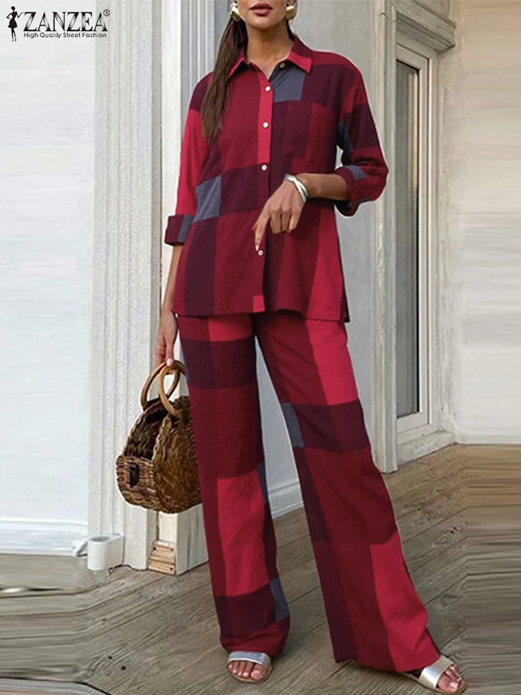 ZANZEA Women Cotton Pant Sets 2025 Print Vintage Autumn Long Sleeve Shirts Wide Leg Pants Outfit Casual OL Suits Oversized Sets