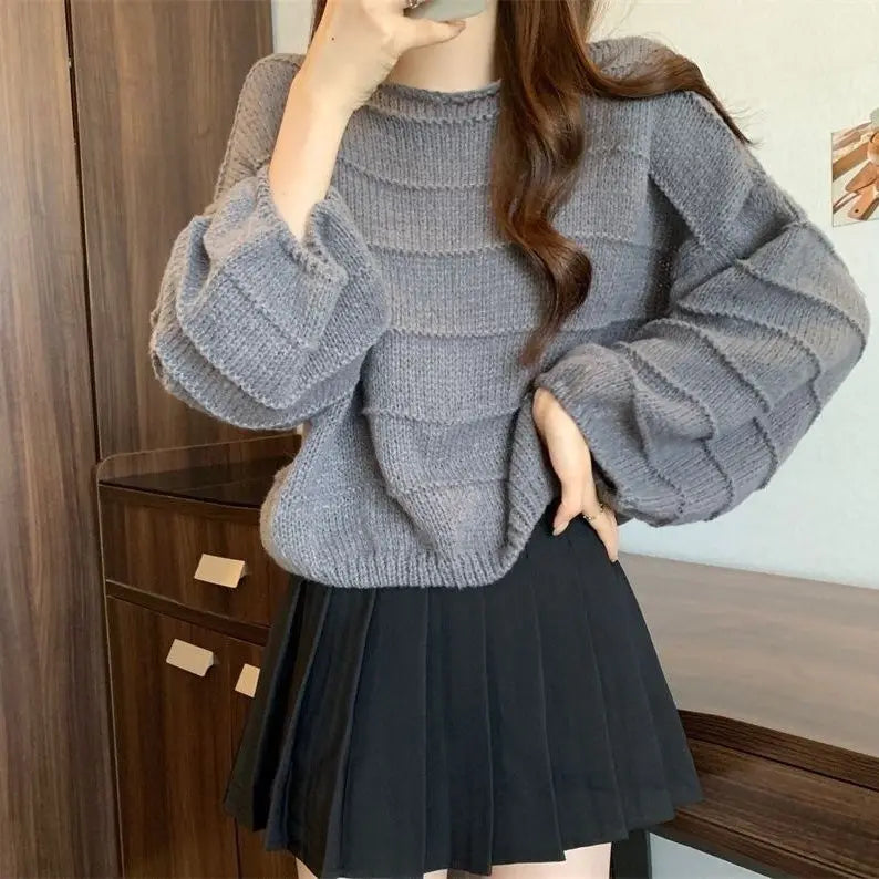 Knitted Sweater All Match Round Neck Sweater Pullover Korean Style New Loose Autumn Fashion Casual Chic Solid Color Top