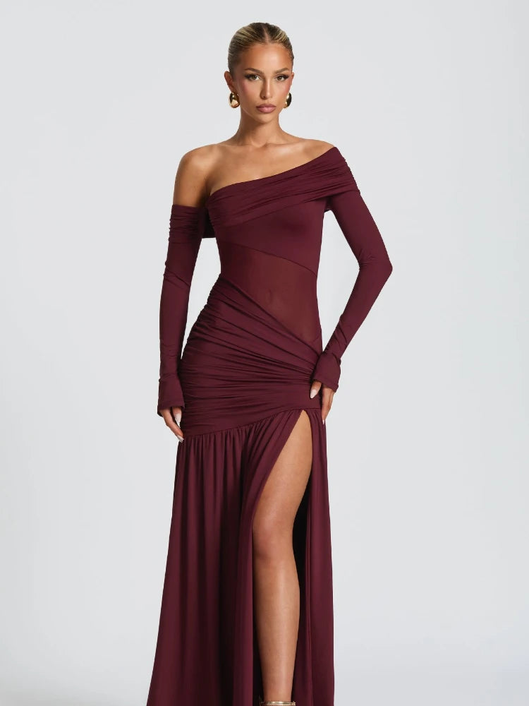 Slanted shoulder long sleeved high slit dress slim fit daily high street punk high street style elegant temperament party dress