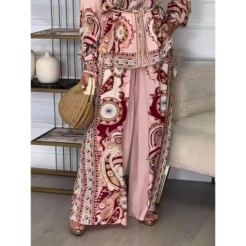 2025 Women Print Two Piece Set Elegant Chic Long Sleeve Shirt Top Wide Leg Pants Set Spring Vacation Tropical Outfits Streetwear
