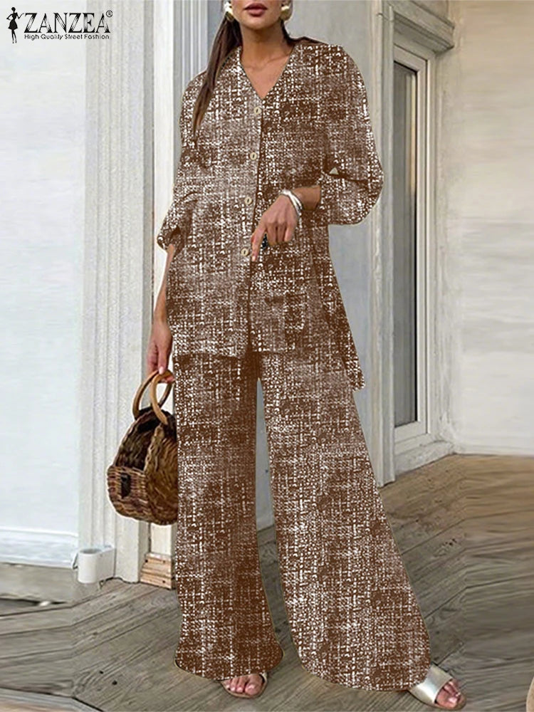 ZANZEA Women Cotton Pant Sets 2025 Print Vintage Autumn Long Sleeve Shirts Wide Leg Pants Outfit Casual OL Suits Oversized Sets