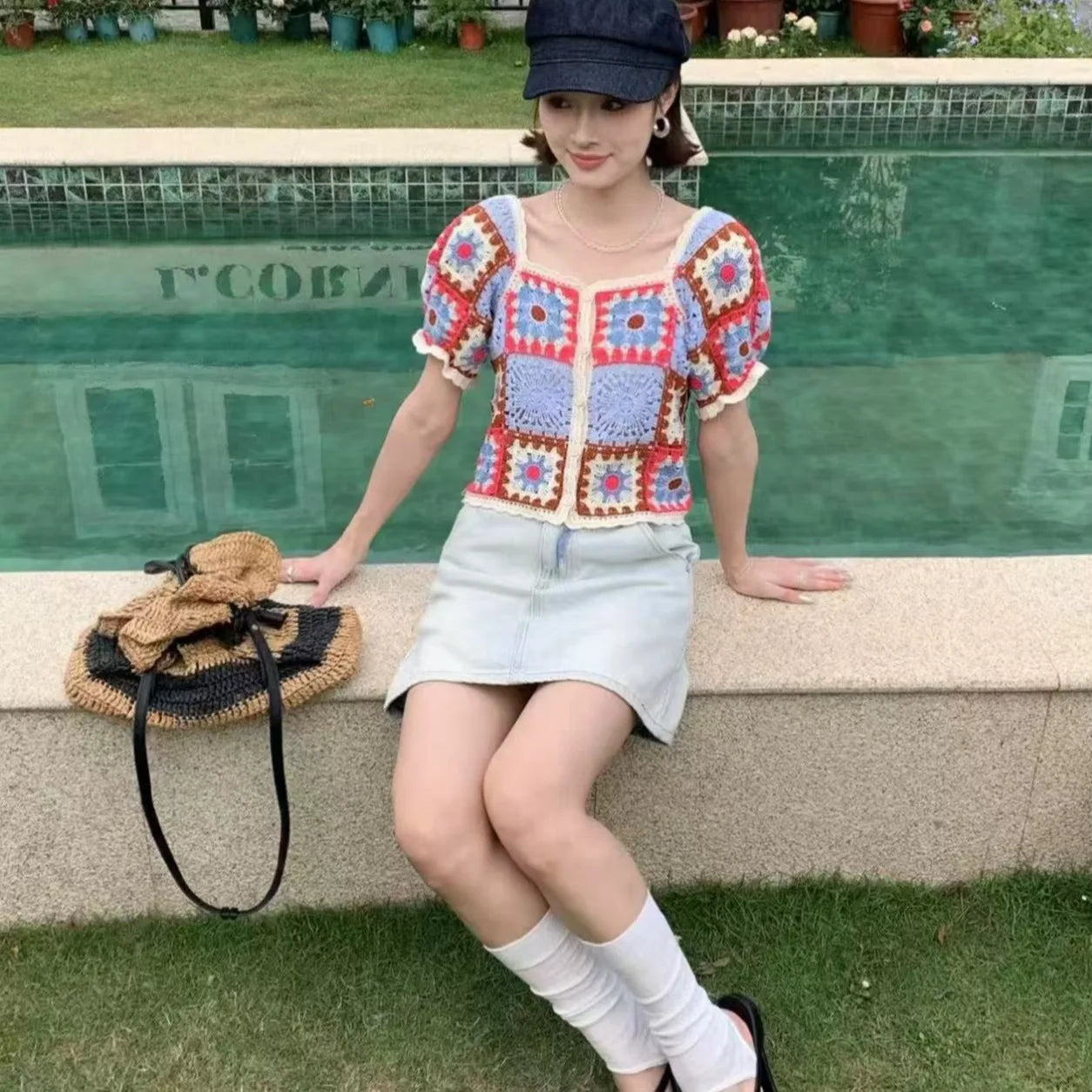 Granny Crochet Top with Puff Sleeve Button Front Openwork Knit Cardigan Blouse Summer Boho Beach Outfit