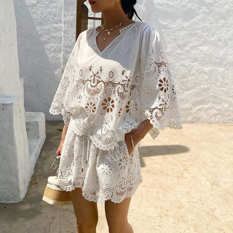 Chic Hollow Lace Embroidery Suit French V-neck Casual Top + Elastic Waist Shorts 2-piece Set For Vacation Beach Women Outfits