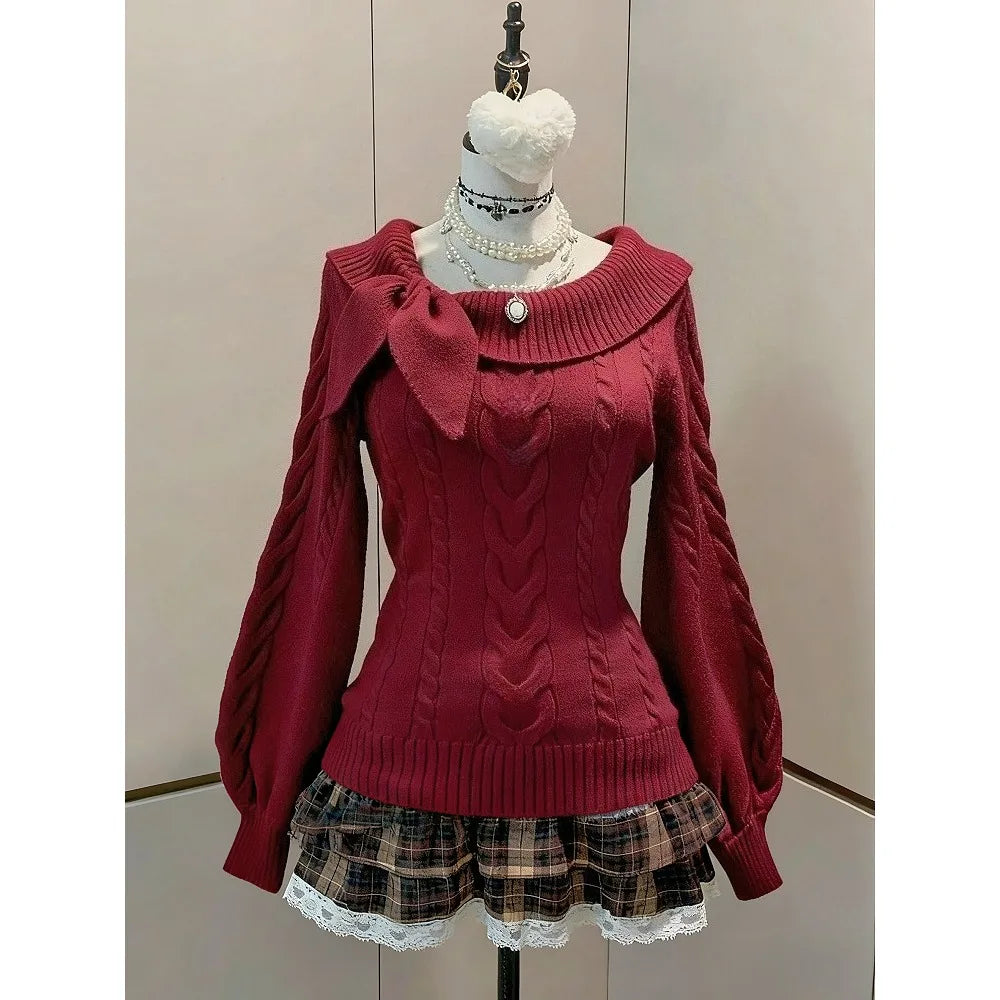 Sweet Korean Knitted Sweater Women Autumn Winter Faux Fur Jumper Female Japanese Kawaii Jumpers Vintage Elegant Pullover Y2k