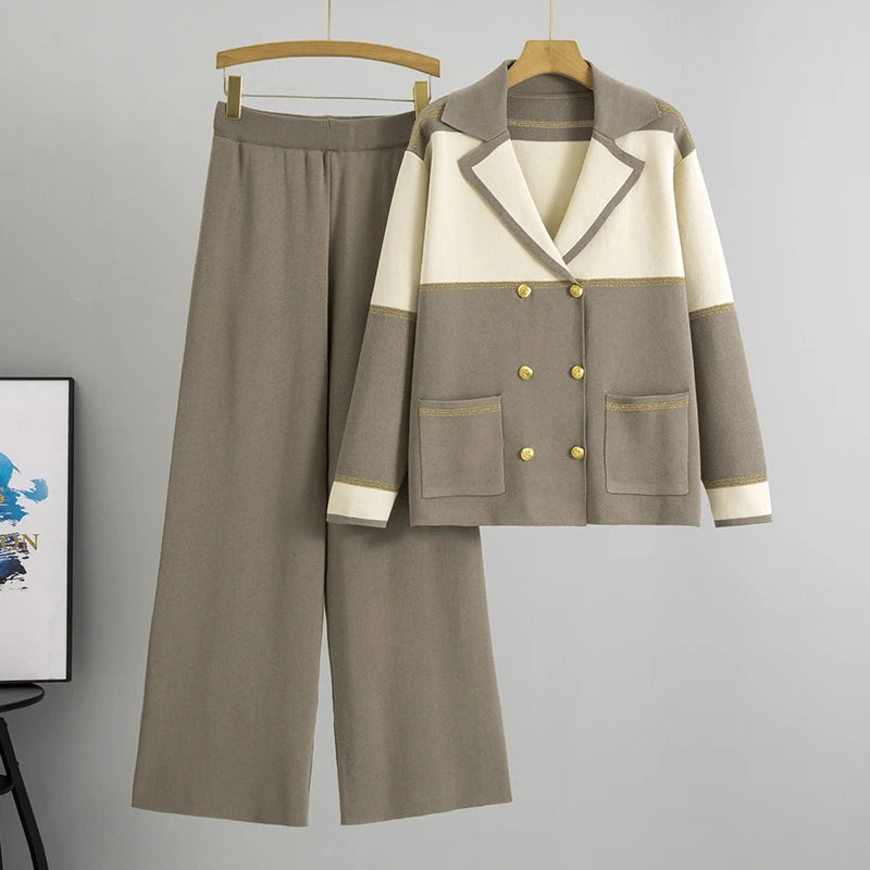 2025 Autumn And Winter Knitted 2 Piece Sets Women  Long Sleeve Collar Cardigan Tops Wide Leg Pants Stretch Matching Suit Outfit