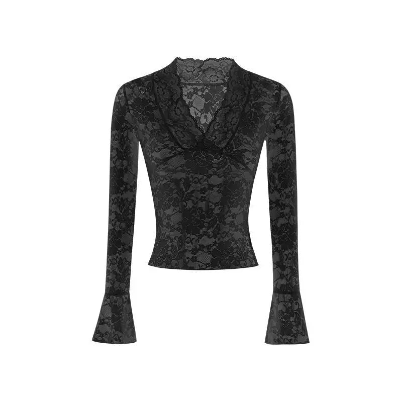 Sexy V-Neck Sheer T-Shirts Fashion Women Flare Long Sleeve Spring Lace Slim Pullovers Tops Casual Evening Party Club Chic Tees