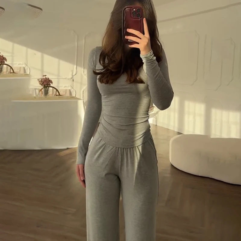 Solid Top Trousers Women Set Slim Long Sleeve O-neck Tops Pleated Straight Pocket Pants 2026 Spring Summer Vacation Lady Outfit