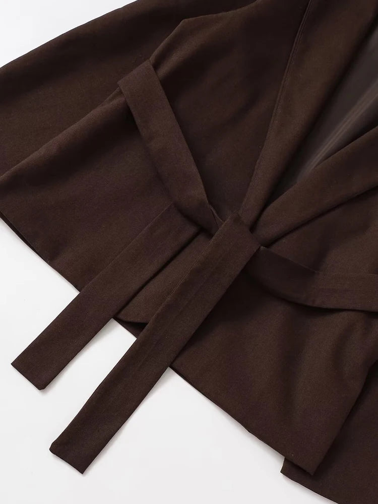 Women's Chic Solid Color Open Blazer Coat with Belt Loose Fit Long Sleeve Female Outerwear Stylish Top