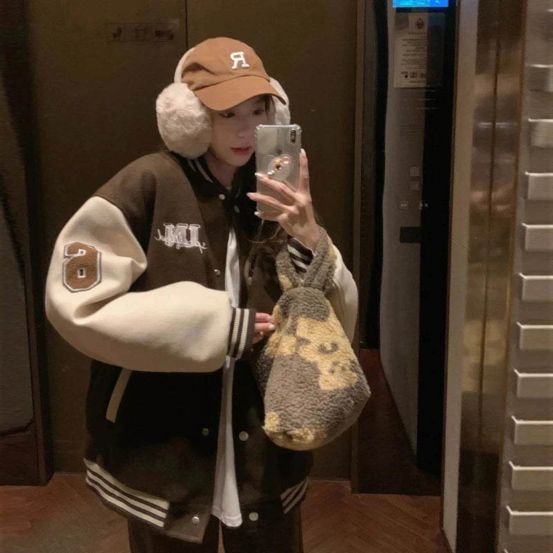 Women Red Brown Fashion Coat Vintage Baseball Jackets  Autumn Y2k Varsity Bomber Jacket Streetwear Outerwear Tide Hip Hop Fall