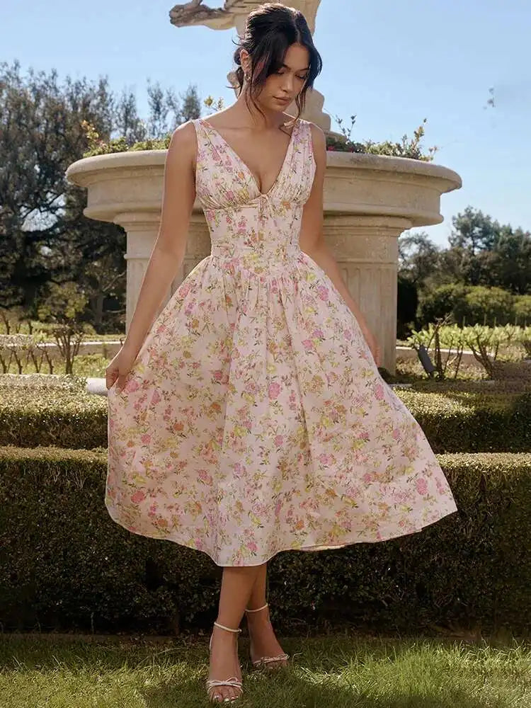 Townlike Waist Wrap Print A-line Midi Long Dress Women Spaghetti Strap 2024 Spring Summer Dress Backless Sexy Party Dresses