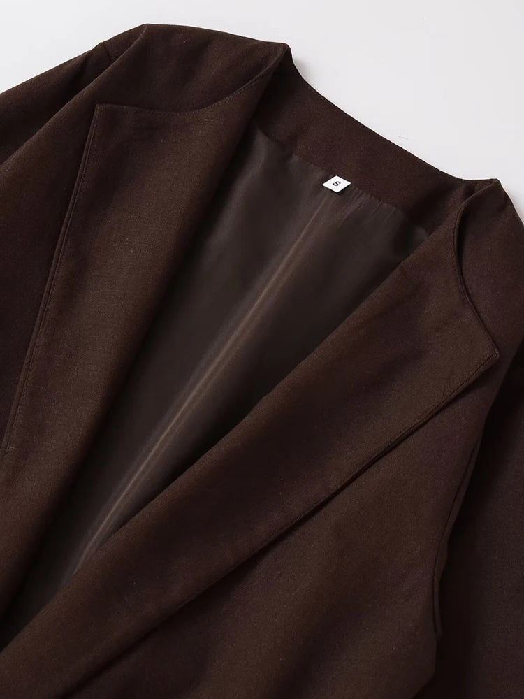 Women's Chic Solid Color Open Blazer Coat with Belt Loose Fit Long Sleeve Female Outerwear Stylish Top